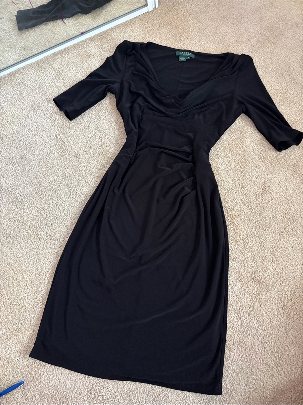 Lauren Ralph Lauren Black Midi Dress with Draped V-Neck